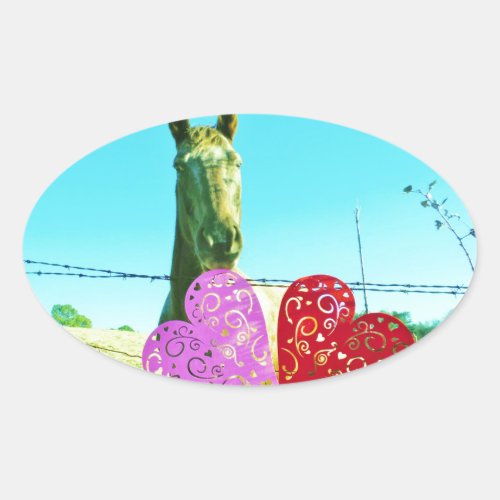 Blond horse and Pink and Red Hearts Oval Sticker