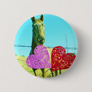Blond horse and Pink and Red Hearts Pinback Button