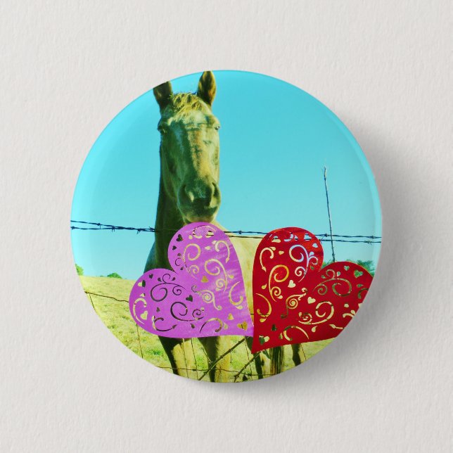 Blond horse and Pink and Red Hearts Pinback Button (Front)