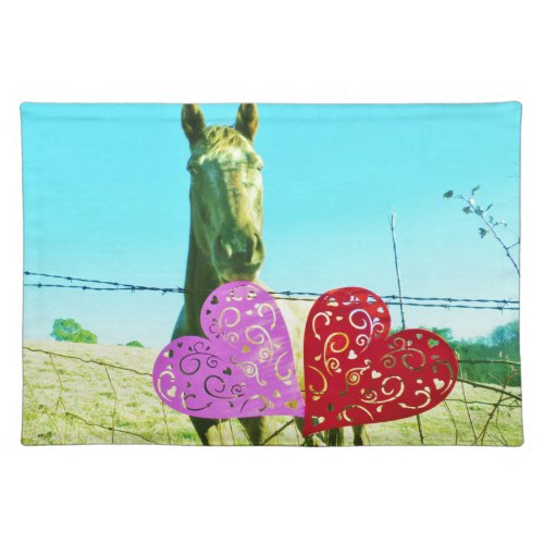 Blond horse and Pink and Red Hearts Placemat