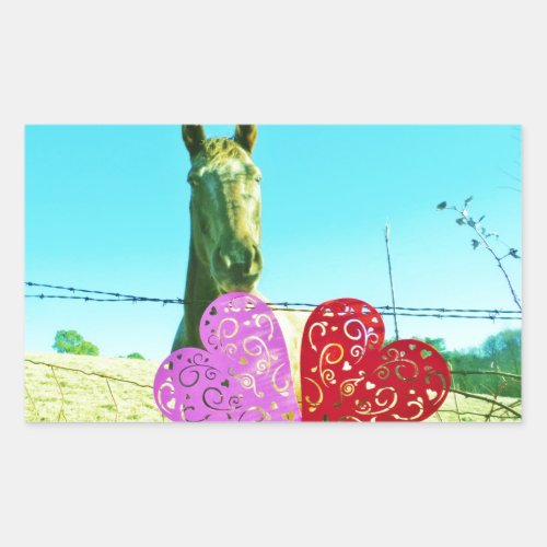 Blond horse and Pink and Red Hearts Rectangular Sticker