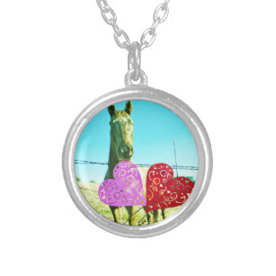 Blond horse and Pink and Red Hearts Silver Plated Necklace