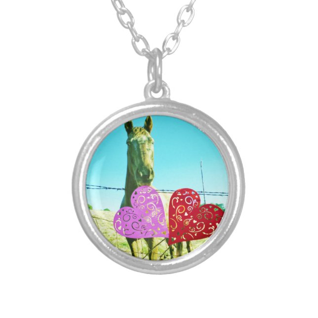 Blond horse and Pink and Red Hearts Silver Plated Necklace (Front)