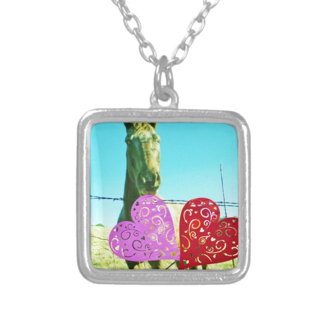 Blond horse and Pink and Red Hearts Silver Plated Necklace (Front)
