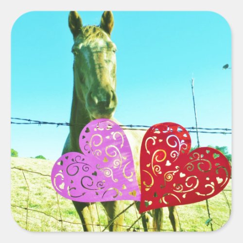 Blond horse and Pink and Red Hearts Square Sticker