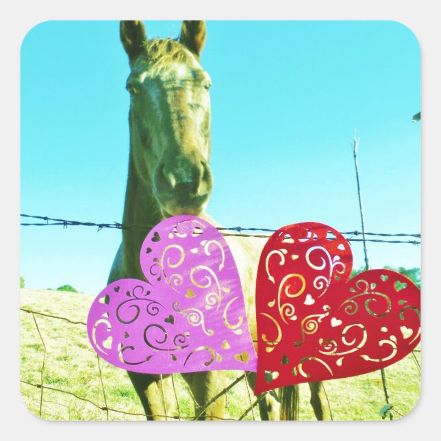 Blond horse and Pink and Red Hearts Square Sticker (Front)