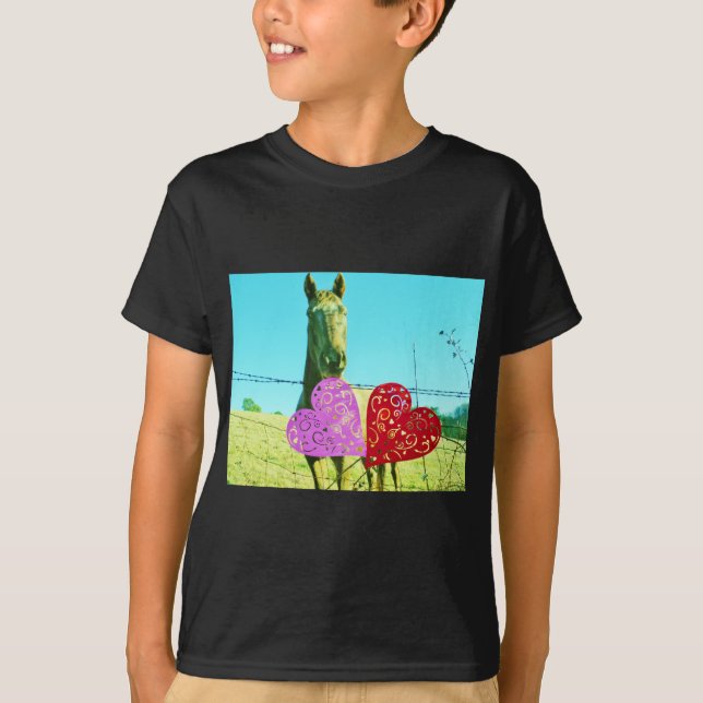 Blond horse and Pink and Red Hearts T-Shirt (Front)