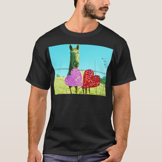 Blond horse and Pink and Red Hearts T-Shirt (Front)