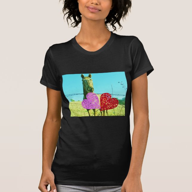 Blond horse and Pink and Red Hearts T-Shirt (Front)