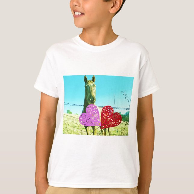Blond horse and Pink and Red Hearts T-Shirt (Front)