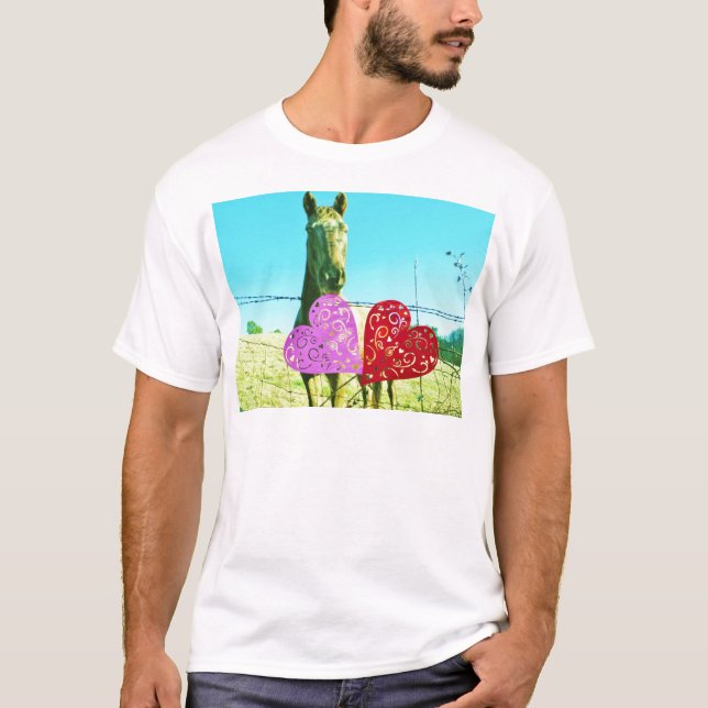 Blond horse and Pink and Red Hearts T-Shirt (Front)