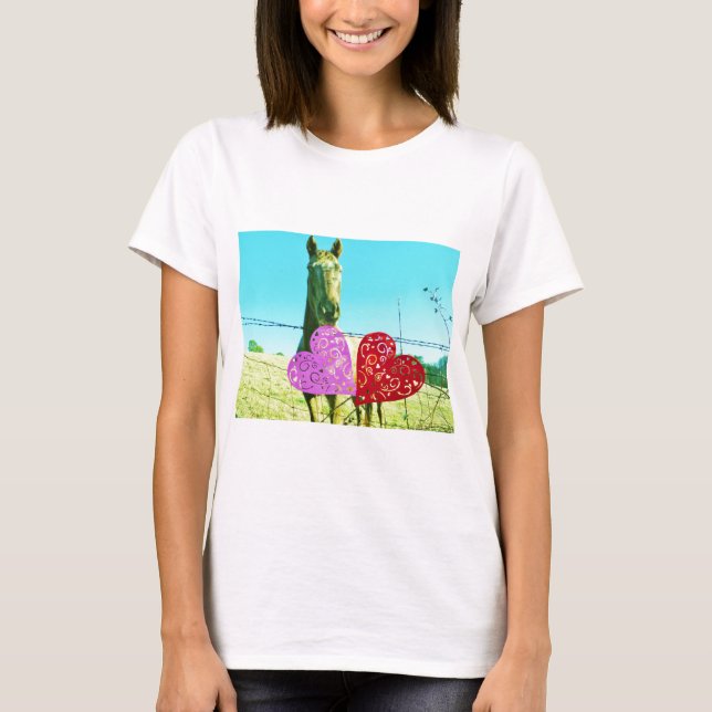 Blond horse and Pink and Red Hearts T-Shirt (Front)