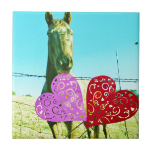 Blond horse and Pink and Red Hearts Tile