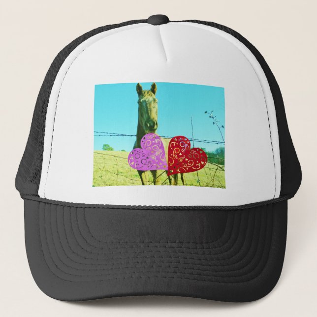 Blond horse and Pink and Red Hearts Trucker Hat (Front)