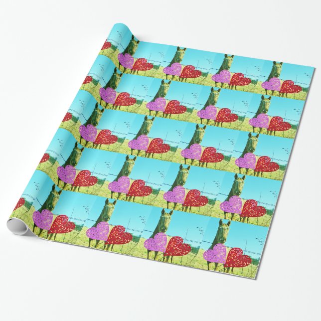 Blond horse and Pink and Red Hearts Wrapping Paper (Unrolled)