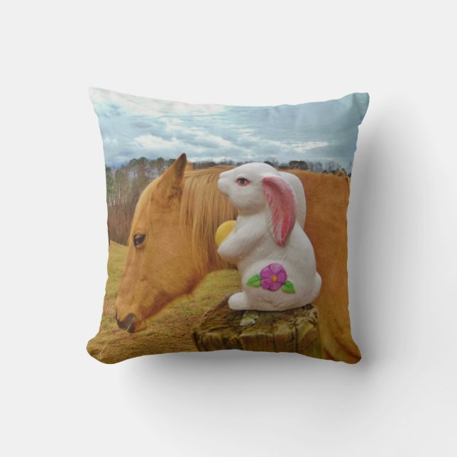 Blond horse & Easter Spring flower Bunny Throw Pillow (Front)