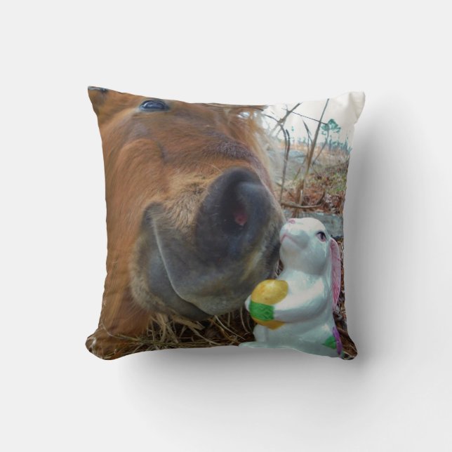 Blond horse & Easter Spring flower Bunny Throw Pillow (Front)