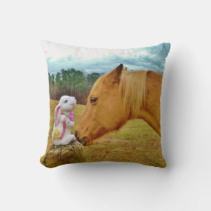 Blond horse & Easter Spring flower Bunny Throw Pillow
