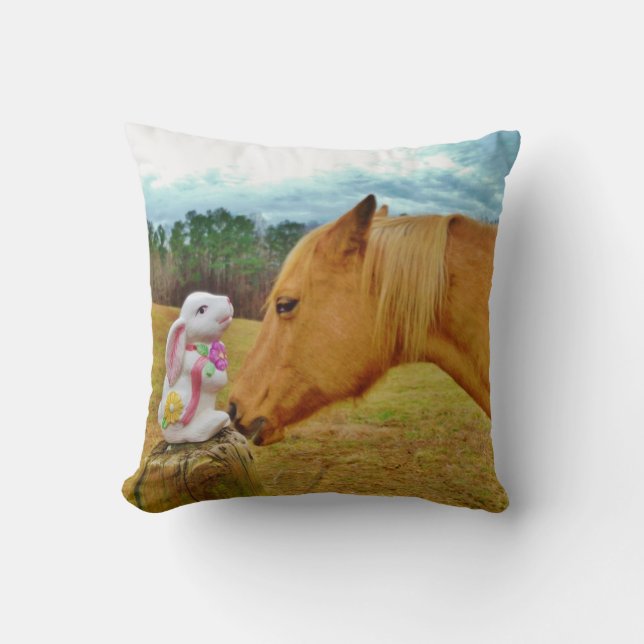 Blond horse & Easter Spring flower Bunny Throw Pillow (Front)
