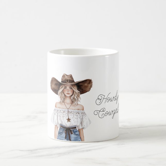Blond Howdy Cowgirl Hat Star Necklace Coffee Mug (Center)