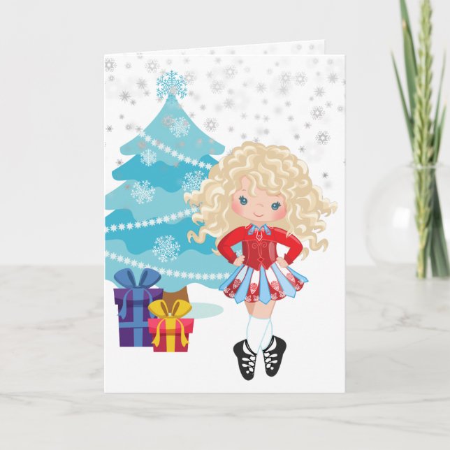 Blond Irish Dancer Winter Christmas Holiday Card (Front)