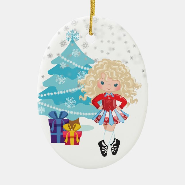 Blond Irish Dancer Winter Christmas Holiday Ceramic Ornament (Front)