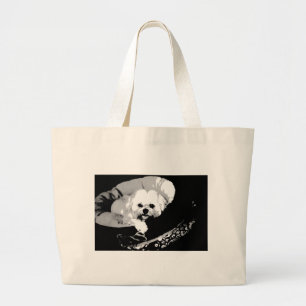 Blond Lhasa apso in a dog bed Large Tote Bag