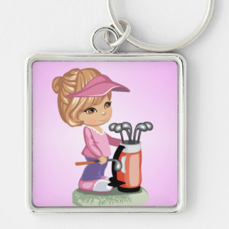 Blond little girl playing golf keychain