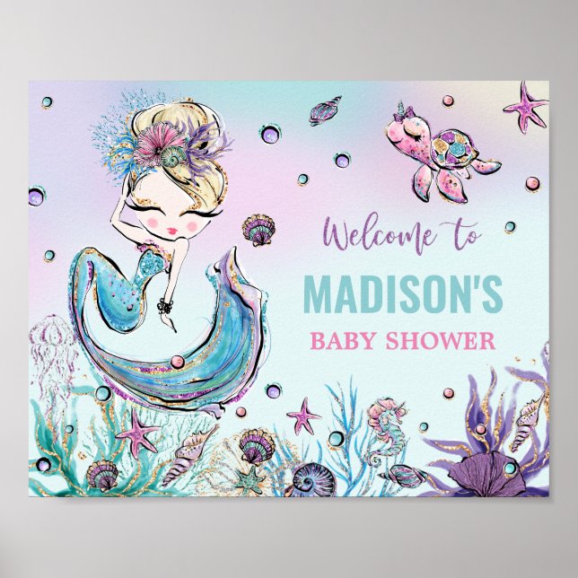 Blond Mermaid Baby Shower Under the Sea Welcome Poster (Front)