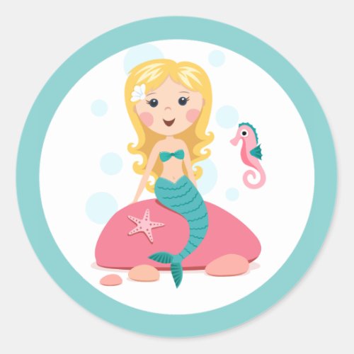 Blond mermaid cartoon girl with starfish seahorse classic round sticker