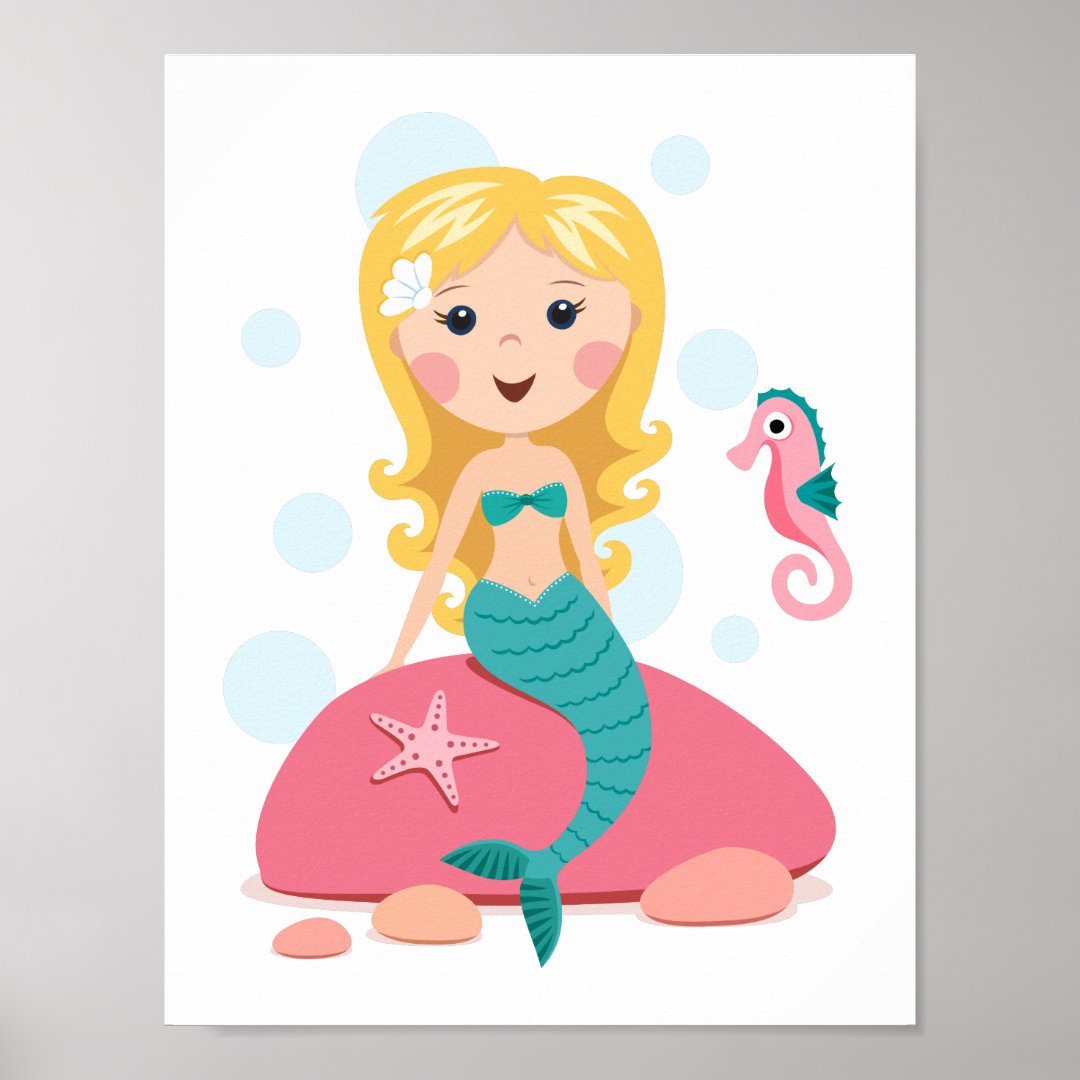 Blond mermaid cartoon girl with starfish seahorse poster | Zazzle