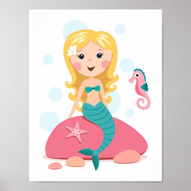 Blond mermaid cartoon girl with starfish seahorse poster (Front)