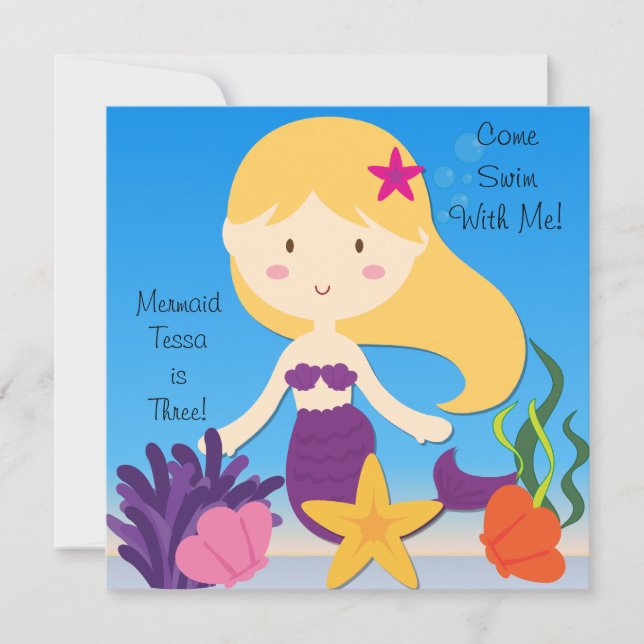 Blond  Mermaid Custom Birthday Invitation (Front)