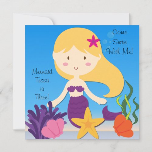 Blond  Mermaid Custom Birthday Invitation