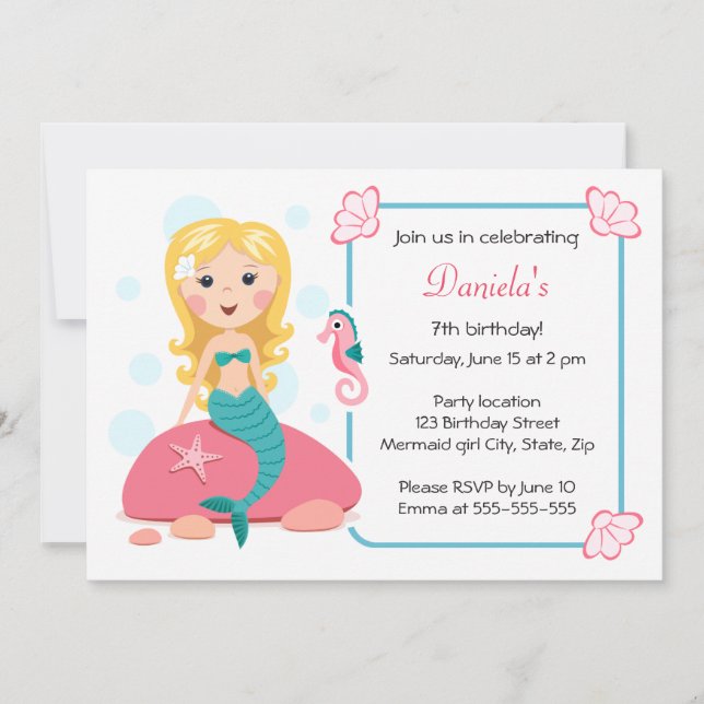 Blond mermaid girl cute girly birthday invitation (Front)
