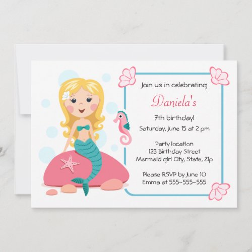 Blond mermaid girl cute girly birthday invitation
