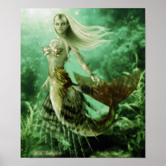 Blond mermaid swimming in reef poster