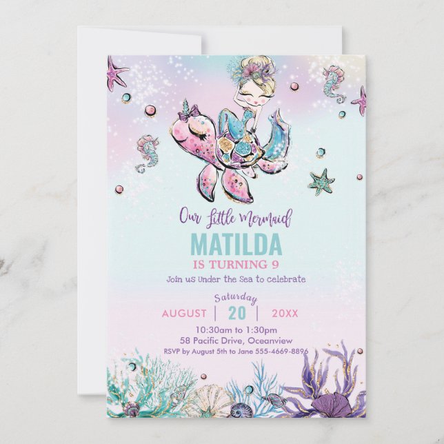 Blond Mermaid Under the Sea Birthday Party Invitation (Front)