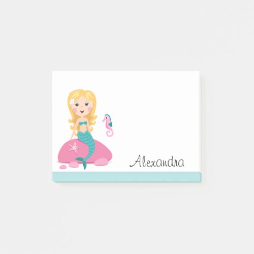 Blond mermaid with seahorse personalized name post_it notes