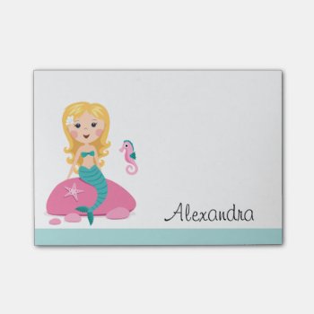 Blond Mermaid With Seahorse Personalized Name Post-it Notes by BrightAndBreezy at Zazzle