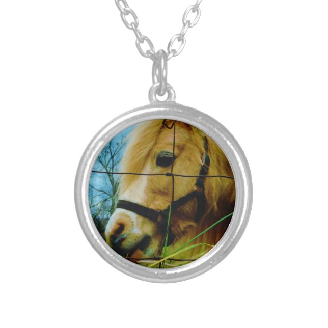Blond Miniature Pony / Horse Blue Sky Silver Plated Necklace (Front)