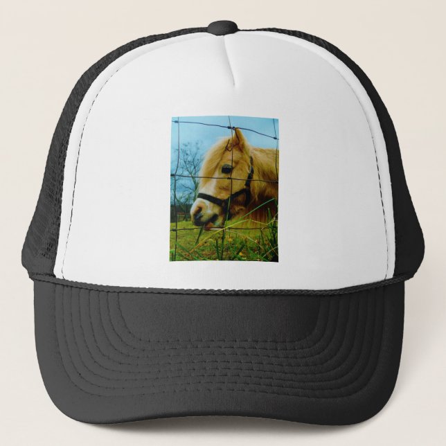 Blond Miniature Pony / Horse Blue Sky Trucker Hat (Front)