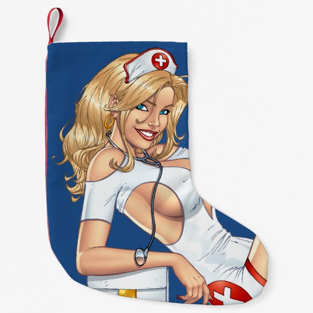 Blond Nurse In Uniform Pulling Up Stockings (Front)