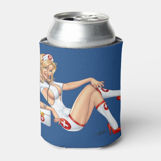 Blond Nurse In Uniform Pulling Up Stockings Can Cooler (Can Front)