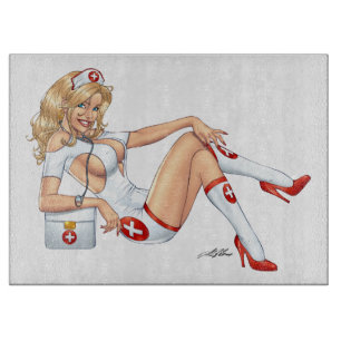 Blond Nurse In Uniform Pulling Up Stockings Cutting Board
