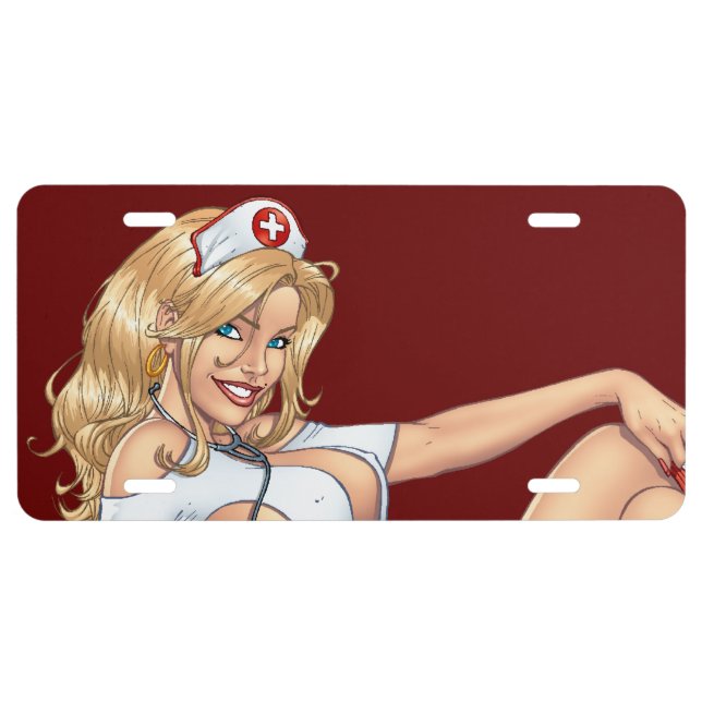 Blond Nurse In Uniform Pulling Up Stockings License Plate (Front)