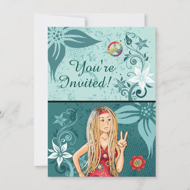 Blond Peace Hippie Girl Birthday Invitation (Front)
