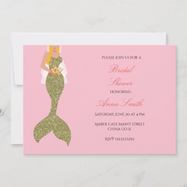 Blond pink mermaid bridal shower invitation (Front)