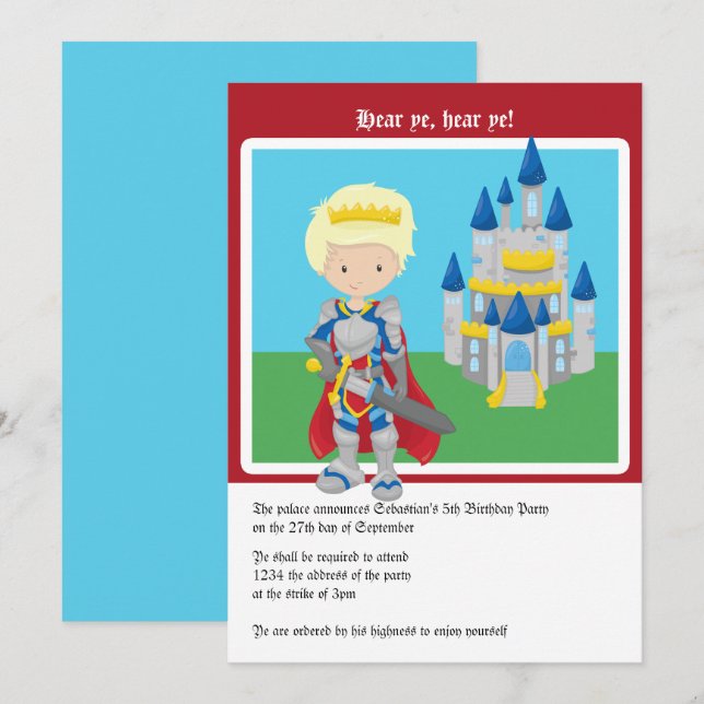Blond Prince And Castle Birthday Party Cute Invitation (Front/Back)