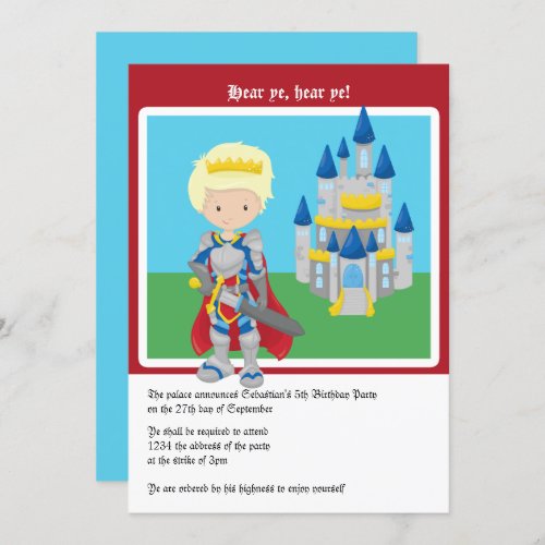 Blond Prince And Castle Birthday Party Cute Invitation